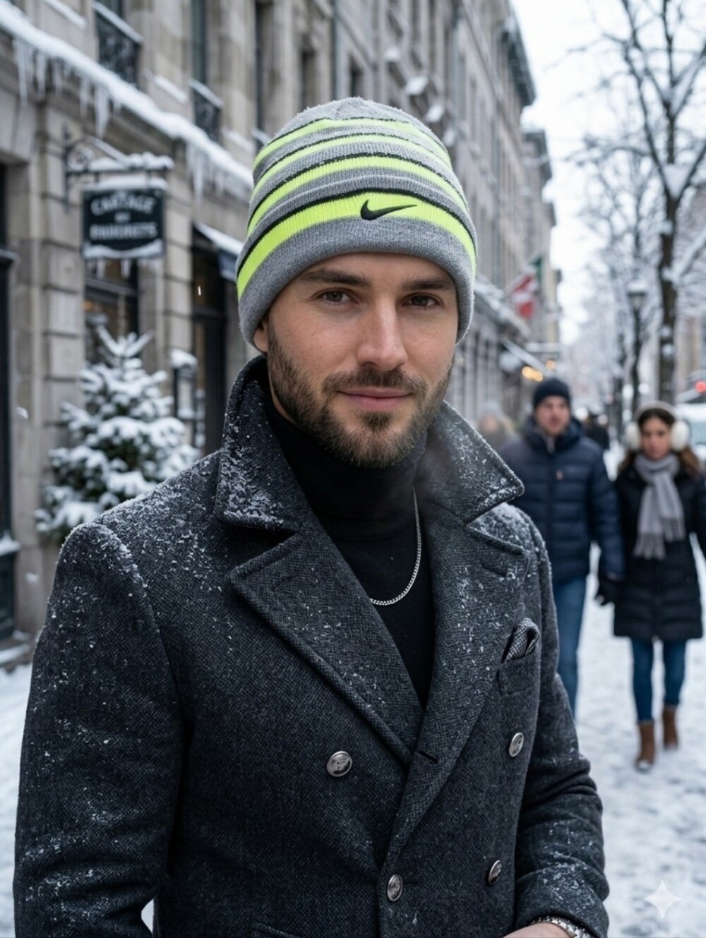 Nike Striped Knit Beanie Hat Gray Neon Green Volt
